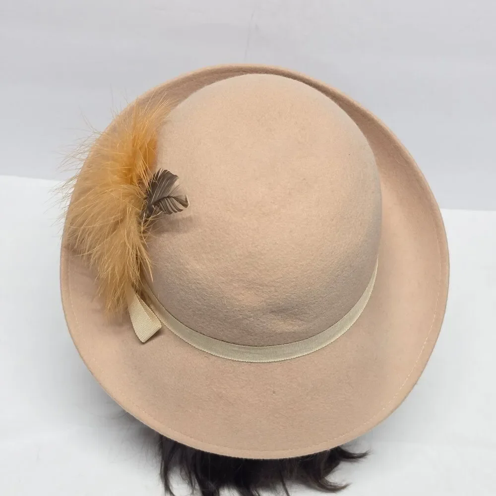 Vintage Lancaster Womens Beige Wool Fedora Cloche Hat Feather Accent 50s 60s